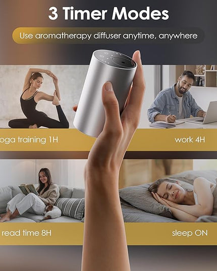 Essential Oil Diffuser with 3 Spray Modes, Battery Operated, LED Timing Display, Aromatherapy Diffuser, 1/4/8-Hour Timer, 10ml Oil Bottle, and 3 Mist Settings for Home, Car (New Silver)