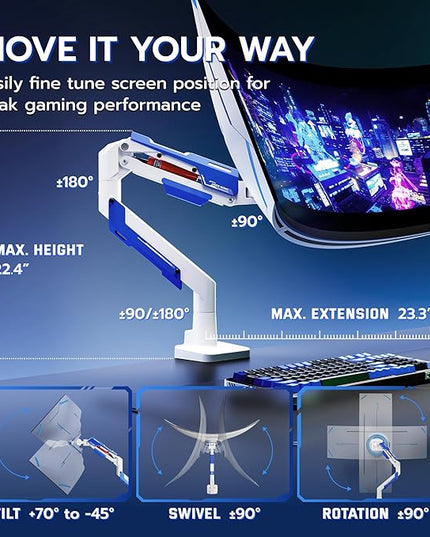 ARES WING Heavy Duty Single Monitor Arm - Gas Spring Aluminum Monitor Mount for 24"-57" Ultrawide Screens up to 66 lbs with Clamp/Grommet Desk Mount, 75/100/200 Vesa Mount, White