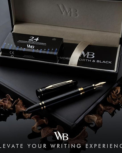 Wordsworth & Black Majesti Fountain Pen-(Black) Luxury Case, 24K Gold Finish; 18K Gilded Extra Fine Nib- Ink Cartridges, Refillable Ink Converter-Calligraphy Pen-Best Business Gift Set for Men & Women