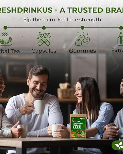FreshDrinkUS, Premium 30 Tea Bags Glucose Functional Tea – Herbal Blend with Gymnema, Cinnamon, Bitter Melon, Tulsi & More –– Caffeine-Free. Sugar-Free. Gluten-Free. Vegan