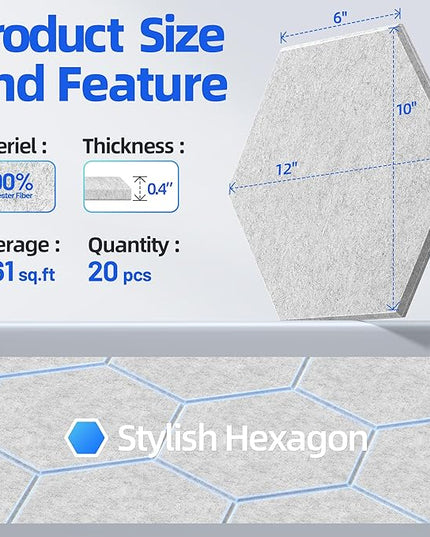 20 Pack Hexagon Acoustic Panels with Self-Adhesive, 12" X 10" X 0.4" Sound Proof Foam Panels for Walls, High Density Soundproof Wall Panels, Sound Dampening Panels for Home Studio Decor Office - Gray