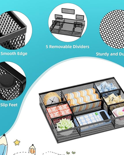 Marbrasse 2 Pack Desk Drawer Organizer, Mesh Drawer Organizer Tray with 8 Adjustable Compartments, Desk Organizers and Accessories, 5 Dividers Drawer for Office Supplies, Makeup & Vanity (Black-2P)