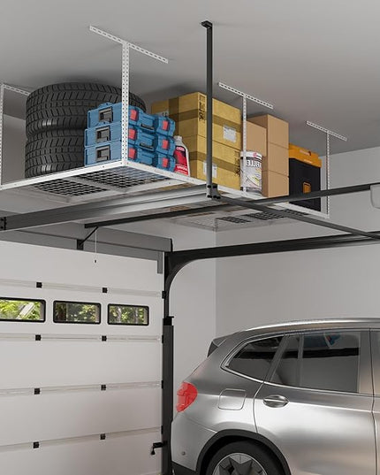 FLEXIMOUNTS 4x8 Overhead Garage Storage Rack, Adjustable Organization System, Heavy-Duty Metal Ceiling Racks, 750lbs Weight Capacity, White, Classic Series