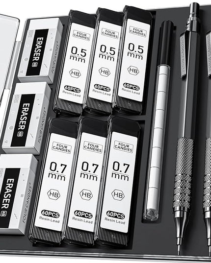 Four Candies 2PCS Metal Mechanical Pencils Set with Case, 0.5mm & 0.7 mm Artist Pencil with 6 Tubes (360PCS) HB Lead Refills, 3 Erasers,9 Eraser Refills For Writing Drafting, Drawing, Black