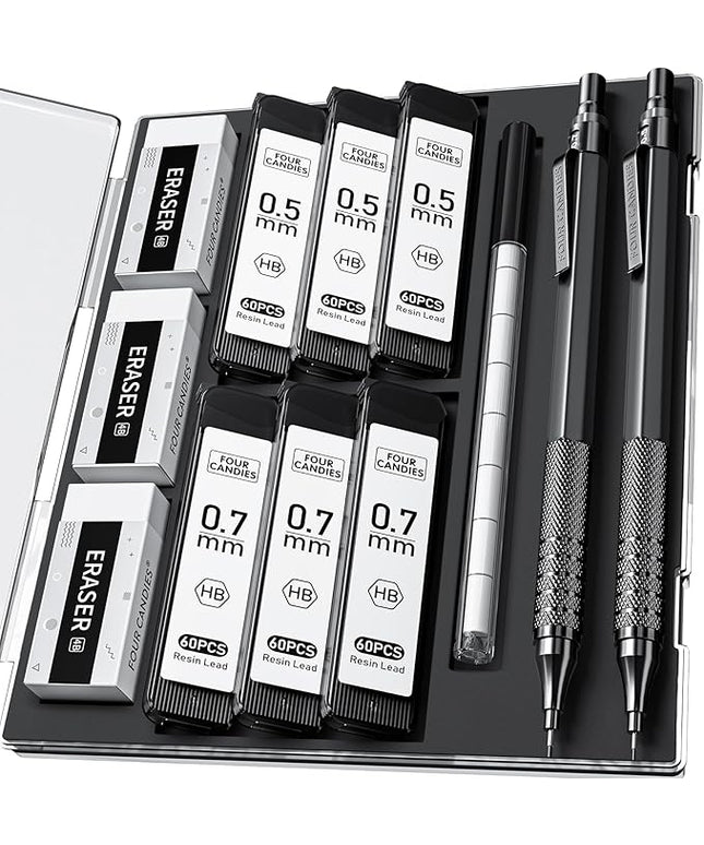 Four Candies 2PCS Metal Mechanical Pencils Set with Case, 0.5mm & 0.7 mm Artist Pencil with 6 Tubes (360PCS) HB Lead Refills, 3 Erasers,9 Eraser Refills For Writing Drafting, Drawing, Black