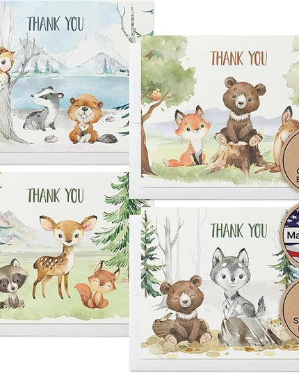 Twigs Baby Shower Thank You Cards with Envelopes - 12 Set Baby Shower Cards for Girl, New Baby Congratulations Cards, Welcome Baby Card, Made in the USA - Forest Animal Designs, 5.5 x 4.25 Inch Size