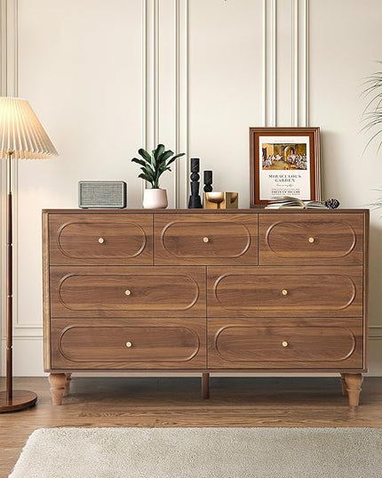 ORRD Fluted 7 Drawer Dresser for Bedroom, Modern Mid Century Chest of Drawers, Wood Storage Large Dresser Organizer for Bedroom Living Room Closet Hallway, Walnut