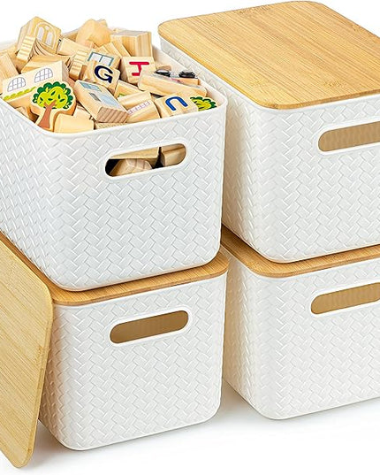 4 Packs Storage Bins with Bamboo Lids - Plastic Storage Containers with Lids Stackable Storage Box：Storages Baskets for Organizing Desktop Closet Playroom Classroom Office,White