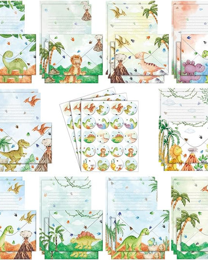 TaoBary 160 Pcs Stationery Paper Set 50 Double Sided Stationery Papers with 50 Matching Envelopes and 60 Round Dot Sticker, 10 Design(Watercolor Dinosaur,8.25 x5.5 Inch)
