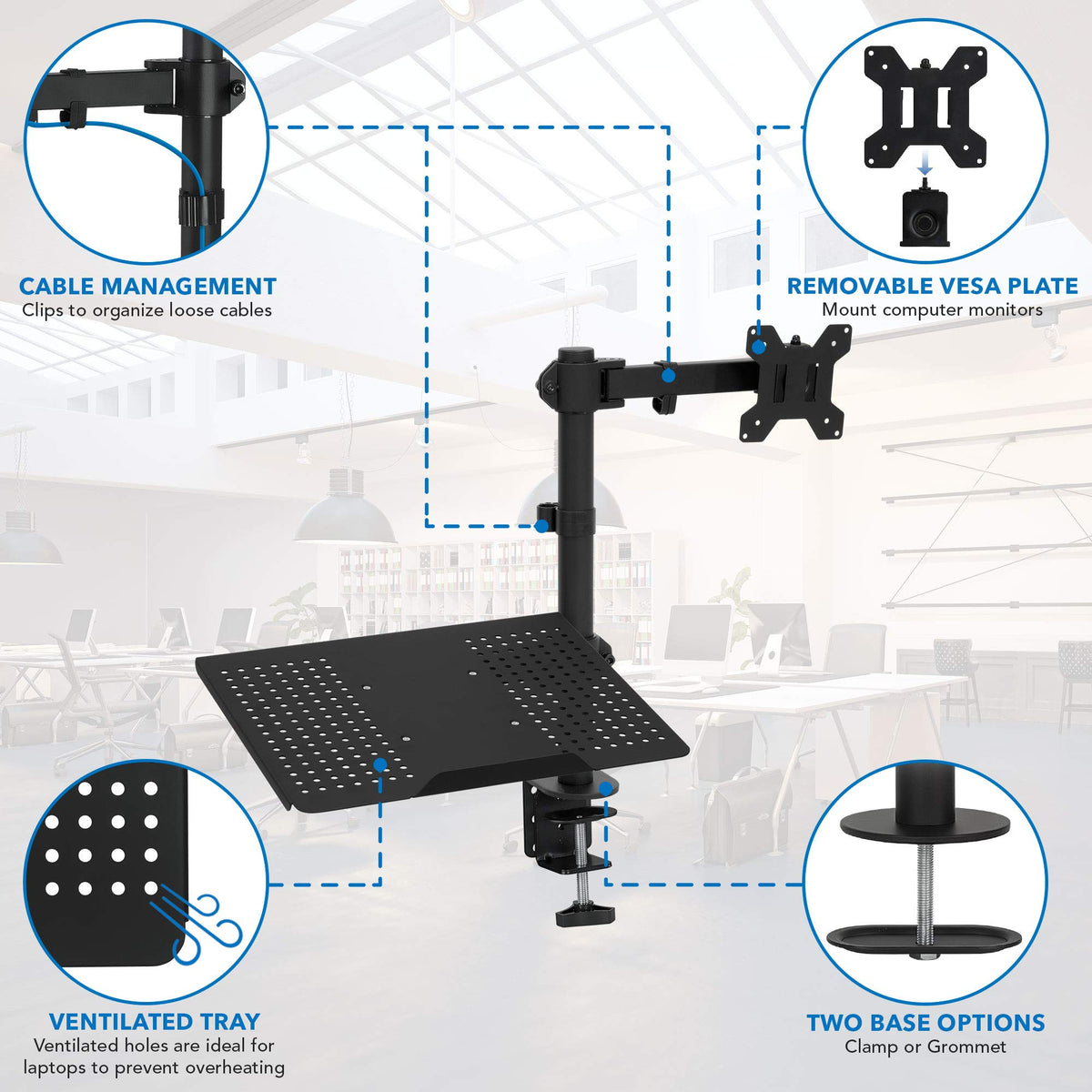 Mount-It! Laptop and Monitor Desk Mount with Adjustable Arms, Laptop Tray for Laptops up to 17" and Monitors 13–27", VESA 75x75 100x100 Compatible, Dual Arm Stand with Clamp or Grommet Base