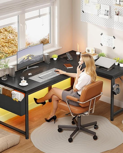 Gaming Desk with Power Outlets & Storage Bag and LED Lights, L Shaped Desk with 0.95 Inch Thicker Desktop, Reversible Computer Desk for Home Office, Study Room, Living,Bedroom, Black