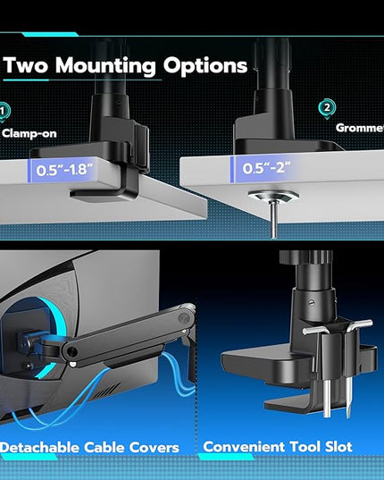 ARES WING Single Monitor Arm Desk Mount for 17-49 Inch Ultrawide Monitors, Heavy Duty Single Monitor Arm Holds 44 lbs, Full Motion Gas Spring Vertical Desk Mount, 75/100 VESA Mount, Black