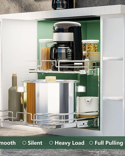 LOVMOR 2 Tier Individual Pull Out Cabinet Organizer 14" W x 18" D, Slide Out Kitchen Cabinet Storage Sliding Shelves