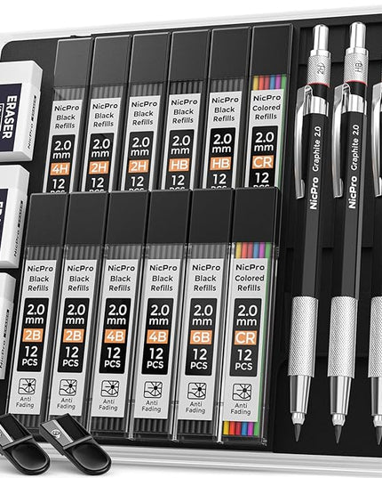 Nicpro 2mm Metal Mechanical Pencil Set with Case, 3PCS Lead Pencil Holder 2.0 mm with 144PCS Lead Refills (4H 2H HB 2B 4B 6B Color), Eraser, Sharpener for Drafting Writing Drawing Sketching