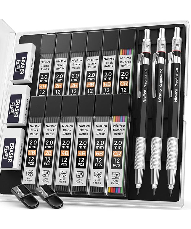 Nicpro 2mm Metal Mechanical Pencil Set with Case, 3PCS Lead Pencil Holder 2.0 mm with 144PCS Lead Refills (4H 2H HB 2B 4B 6B Color), Eraser, Sharpener for Drafting Writing Drawing Sketching
