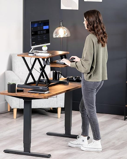 VIVO 28 inch Desk Converter, K Series, Height Adjustable Sit to Stand Riser, Dual Monitor and Laptop Workstation with Keyboard Tray, Rustic Vintage Brown Top, Black Frame, DESK-V028KN