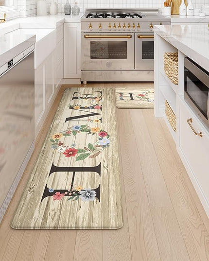 KIMODE Kitchen Floor Mats Cushioned Anti Fatigue,Farmhouse Floral Rugs Sets of 2,Memory Foam Carpet Non Slip,Long Sink Runner for Bathroom Laundry Office,Beige 17"x59"+17"x29"