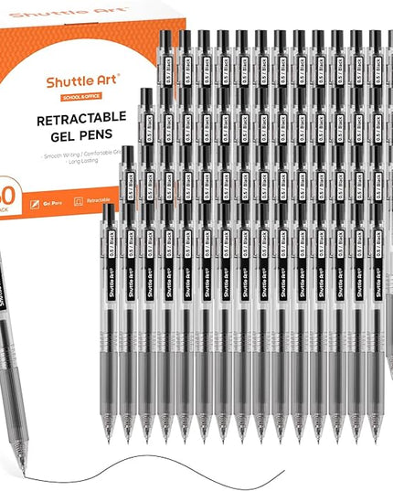 Shuttle Art Black Gel Pens, Ink Glide Series 60 Pack Retractable 0.5mm Fine Point Rollerball Gel Ink Pens Bulk Set Quick Drying Smooth Writing with Grip for Journaling Note Taking Office School Home