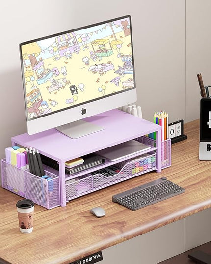 OPNICE Desk Organizers and Accessories, 2-Tier Computer Monitor Stand Riser with Drawer and 2 Pen Holders, Laptop Stand, Office Desk Accessories & Office Decor for Women, Purple