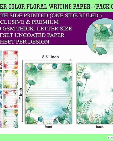 PARTH IMPEX 56 Sheets Watercolor Floral Lined Writing Paper 8.5x11 - Letter Size Ruled Stationery Letterhead Printer Paper - 120gsm Thick Decorative scrapbooking Colored Antique Aged Flowers Design