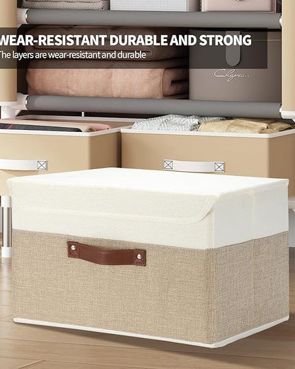 8 Pack Decorative Storage Bins Containers Fabric Bins with Lids Storage Baskets Bulk for Shelves Drawers, Desktop, Closet, Playroom, Classroom, Office, Bedroom, (15INx10INx10IN, Beige/White)