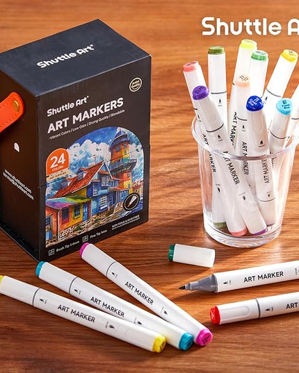 Shuttle Art Brush Tip Alcohol Markers, Dual Tip Brush & Fine Tip Art Marker Set, 24 Colors Marker Pens with Case Perfect for Illustration Kids Students Adults Coloring Sketching