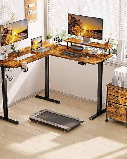 Electric L Shaped Standing Desk with File Cabinet, 59" x 59" Corner Computer Desk with Drawers, Dual Motor Stand Up Desk with Storage, FLYCITY Home Office Standing Desk Adjustable Height, Rustic Brown