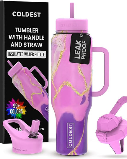 Coldest Tumbler with Handle and Straw - 100% Leak Proof Insulated Tumbler with Lid and Straw (3 Lids) - Stainless Steel Tumblers for Women & Men - Cup Holder Friendly Base, 46 oz (Princess Luna)