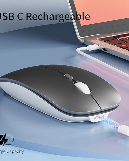 Uciefy Q5 Slim Rechargeable Wireless Mouse, 2.4G Portable Optical Silent Ultra Thin Wireless Computer Mouse with USB Receiver and Type C Adapter, Compatible with PC, Laptop, Notebook, Desktop (Grey)