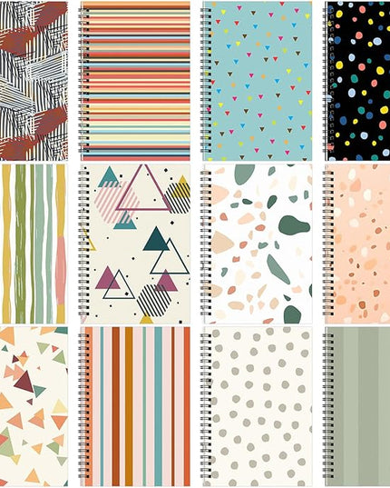 Fuutreo 12 Pcs Spiral Notebook for Work A5 8.3 x 5.7 Inch College Ruled Spiral Journal Notebook Kraft Cover Ruled Paper, 12 Color, 60 Sheets, 120 Pages for Office School(Retro Geometry)