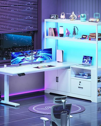 SEDETA 56.7" L Shaped Standing Desk, Reversible Computer Office Desk with Drawers & Hutch, Stand Up Corner Gaming Desks with LED Lights & Power Outlets for Home Office, White