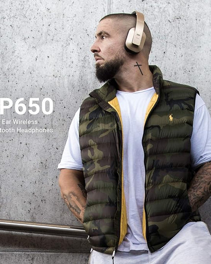 August EP650 Bluetooth Wireless Over-Ear Headphones with aptX Low Latency, NFC, Multipoint Pairing, Wired Option, Built-in Microphone - Gold