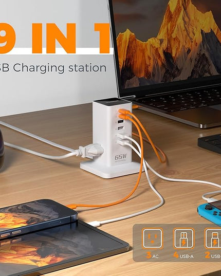 USB Charging Station for Multiple Devices PD 65W, TESSAN 9-in-1 USB C Charger Block for iPhone 17/16/15, MacBook, Tablet, Type C Desktop Charger with 3 AC, Home Travel Office Accessories, White