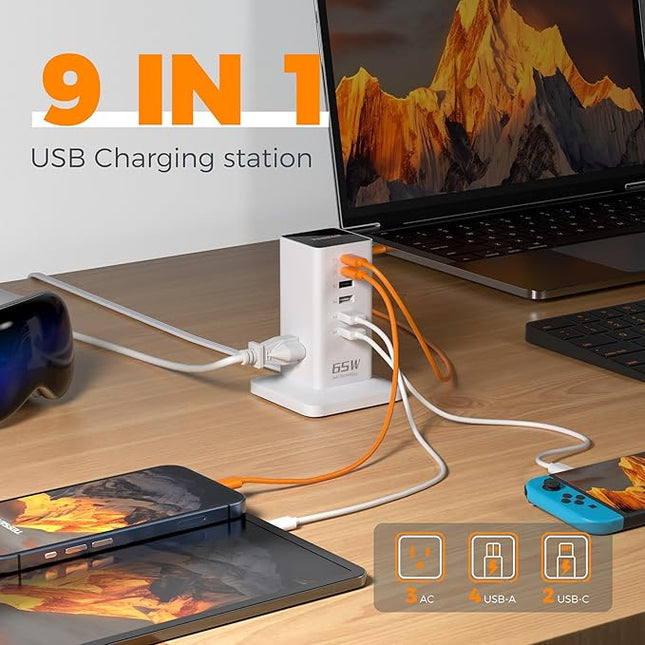 USB Charging Station for Multiple Devices PD 65W, TESSAN 9-in-1 USB C Charger Block for iPhone 17/16/15, MacBook, Tablet, Type C Desktop Charger with 3 AC, Home Travel Office Accessories, White