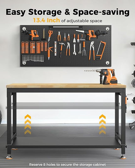 48" Heavy Duty Work Bench Adjustable Height Max Load 2000 LBS with Storage Shelf for Garage Workbench, Rubberwood Tabletop with Pegboard, LED Light, Built-in Power Strip for Woodworking Shop