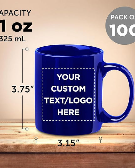 Custom Ceramic Coffee Mugs 11 oz. Set of 100, Personalized Bulk Pack - Coffee cup set, Iced coffee cup, Gaming mug - Royal Blue