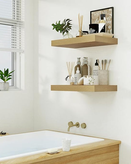 Heimlove Bathroom 12'' Deep Floating Shelves for Wall - Shelf Over Toilet Mounted Farmhouse 24 inches,Rustic Wood Shelves Decor & Storage Set of 1 Oak