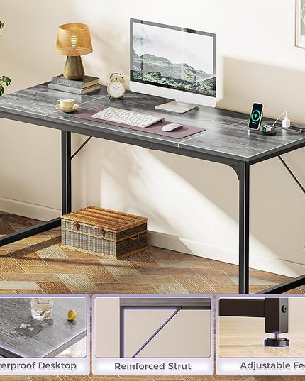 PRAISUN 63 X 24 Inch Office Computer Desk with Power Outlets and USB-C Port, Larger and Longer Gaming Desk, for Home Office, Study, Writing Work from Home Table, Metal Frame, Grey