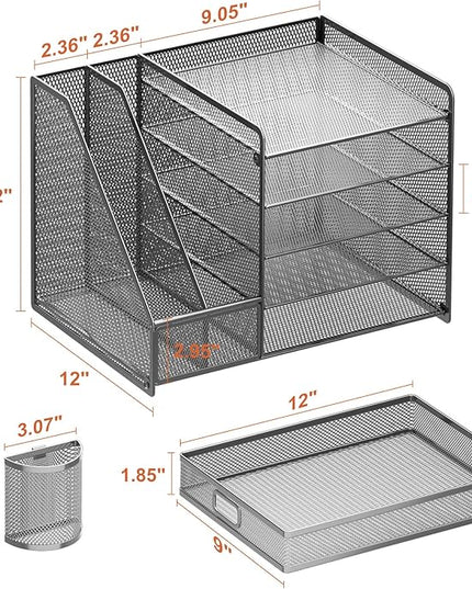 Marbrasse 5-Tier Paper Letter Tray Organizer with Drawer and Pen Holder, Mesh Desktop Organizer and Storage with Magazine Holder for Office Supplies (Grey)