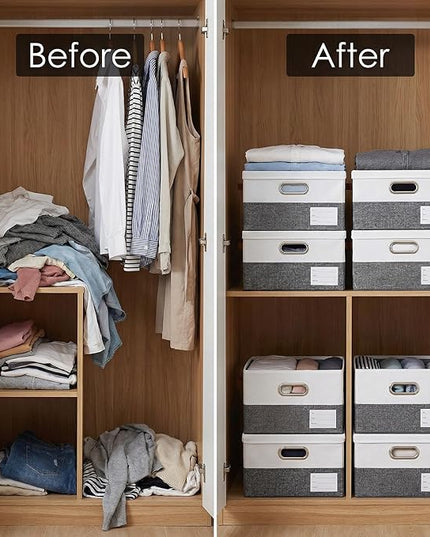 PRANDOM Storage Boxes with Lids [3-Pack] Linen Fabric Foldable Storage Bins Organizer Containers Baskets Cube with Cover for Closet Office Nursery Grey&White（11.4X8.6X6.7