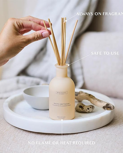 Benevolence LA Reed Diffuser for Home | Eucalyptus, Fig & Sandalwood | Elegant Home & Bathroom Decor | Fragrance Diffuser with Sticks for Bathroom - Malibu Sands Collection