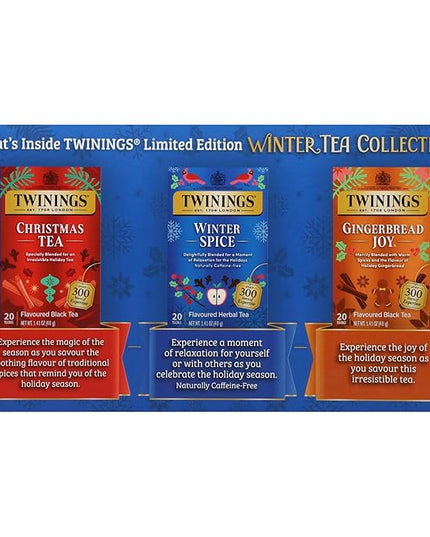 Twinings Winter Tea Collection, Limited Edition Holiday Gift Box, 20 Count (Pack of 3), Includes Christmas Tea, Winter Spice, and Gingerbread Joy, Enjoy Hot or Iced, 60 Teabags