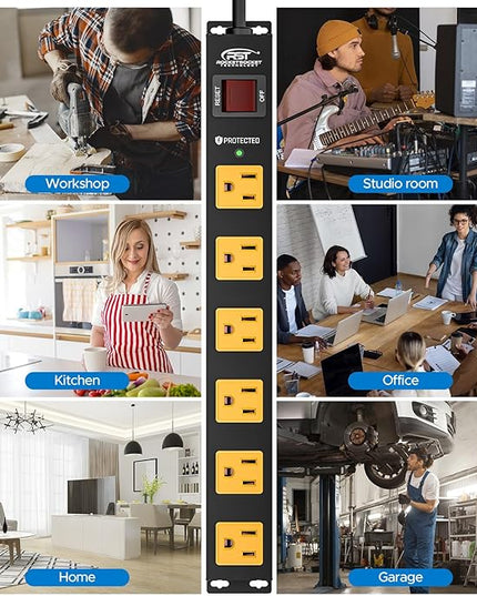 CRST 2Pack 6 Outlet Surge Protector Power Strip 2100J with Switch, 15A/1875W Heavy Duty Mountable Power Strip, Wide Spaced Power Bar for Garage Worshop Home School, 6 FT Cord（ Black+Yellow）