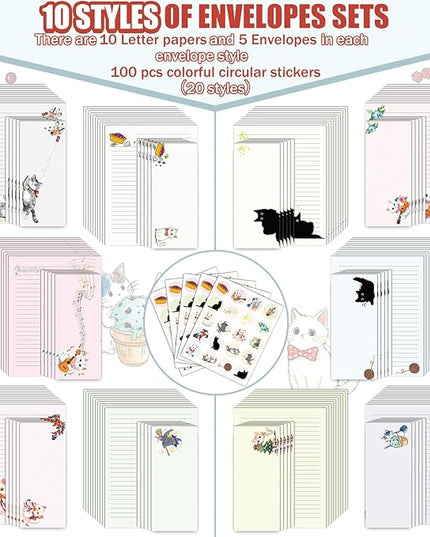 EggSun 250Pcs Cute Stationery Paper and Envelope Set with 100 Letterhead Papers and 50 Envelopes, 10 Design for Letter Writing Invitations Computer Holidays Party Notes, 8.5x11 Inch- Lined Cat