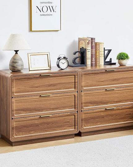 Modern Nightstand Set of 2 for Bedroom, 26'' Wide Wood 3 Drawers Bedside Table, Large Dresser w/Curved Profile Design, Side Table, End Table with Storage Drawers for Living Room, Entryway, Walnut