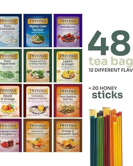 Twinings 48 Tea Bags Herbal Variety Pack – 12 Herbal Flavors with 20 Honey Sticks, Perfect Tea Gift Set for Any Occasion