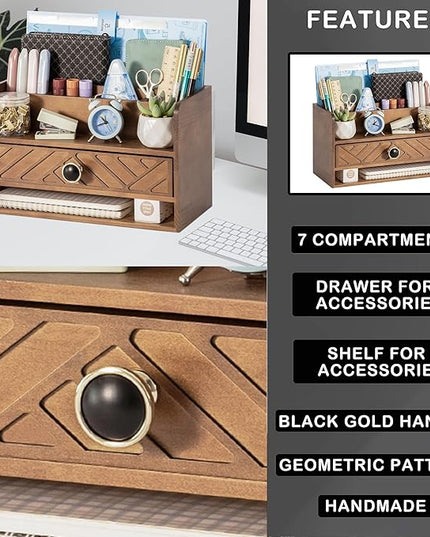 Brown Wood Desk Organizer and Accessories with Drawer, Bill Mail Organizer and File Mail Holder for Office Supplies, Desk Accessories & Workspace Organizers
