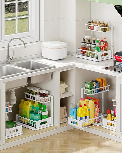 Under Sink Organizer and Storage, Height Adjustable Cabinet Organizer with Slide Out Drawer, Pull Out Under Sink Storage, Multi-Purpose 2 Tier Sink Shelves for Kitchen Bathroom Pantry (White, 1 Pack)