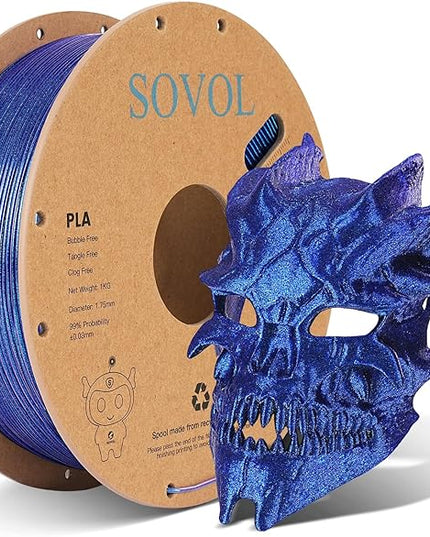 Sovol Silk PLA Filament with Blue Glitter 1kg 1.75mm, Color Changeable 3D Printer Filament 2.2lbs, Chameleon Shiny PLA Material +/-0.03mm, Shimmering 3D Printing Filament, Klein Blue