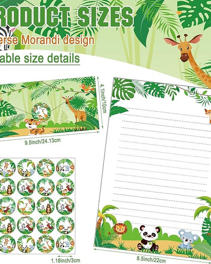 TaoBary 160 Packs Stationery Paper Set (50 Double Sided Stationery Writing Papers 50 Matching Envelopes) 60 Round Dot Sticker, 10 Design(Safari Animal,8.5 x 11 Inch)